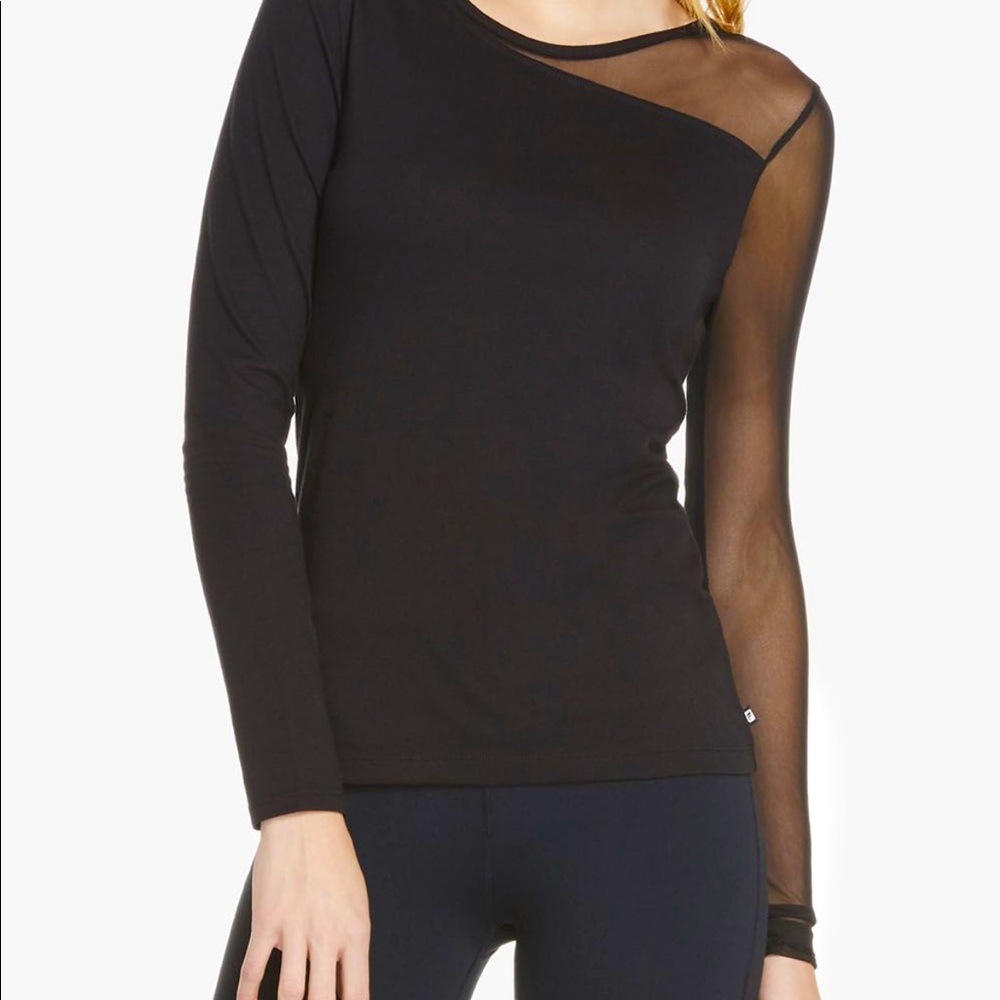 Fabletics long-sleeve athleisure top. One sleeve is mesh, cutout neckline size s